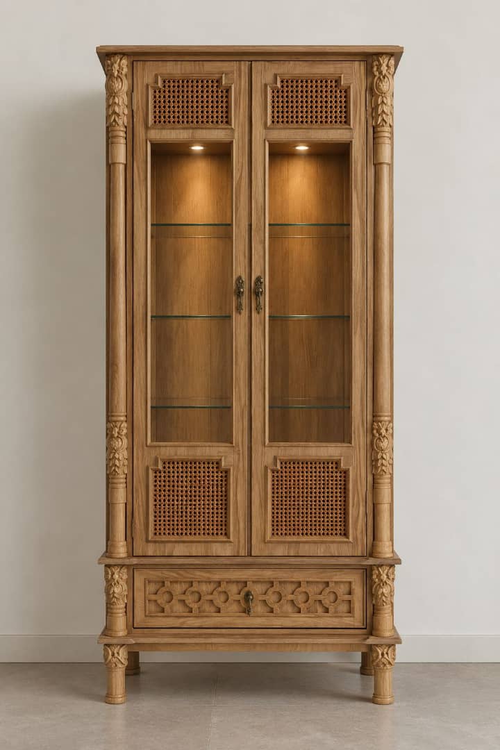 کمد و ویترین، بوفه مدرن حصیری ویترین چوبی دو درب شیشه ای با نور LED و بدنه MDF– بوفه کلاسیک کد801
